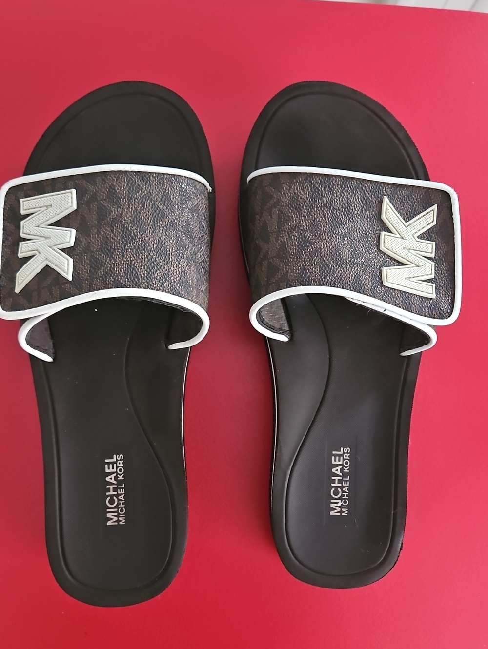 Michael Kors Brown and Black MK Logo Slide Sandals
